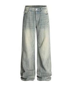 Water-Washed Vertical Striped Textured Loose Vintage High Street Straight Leg Jeans for a Trendy 90s Inspired Look