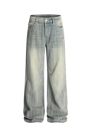 Water-Washed Vertical Striped Textured Loose Vintage High Street Straight Leg Jeans for a Trendy 90s Inspired Look