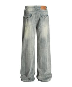 Water-Washed Vertical Striped Textured Loose Vintage High Street Straight Leg Jeans for a Trendy 90s Inspired Look