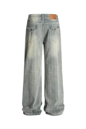 Water-Washed Vertical Striped Textured Loose Vintage High Street Straight Leg Jeans for a Trendy 90s Inspired Look