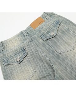 Water-Washed Vertical Striped Textured Loose Vintage High Street Straight Leg Jeans for a Trendy 90s Inspired Look