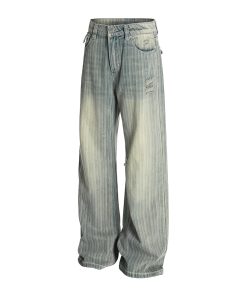 Water-Washed Vertical Striped Textured Loose Vintage High Street Straight Leg Jeans for a Trendy 90s Inspired Look