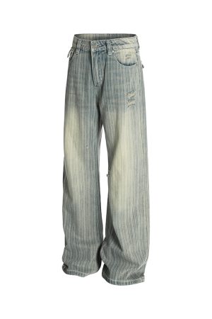 Water-Washed Vertical Striped Textured Loose Vintage High Street Straight Leg Jeans for a Trendy 90s Inspired Look