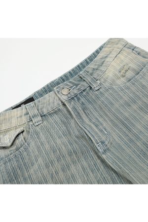 Water-Washed Vertical Striped Textured Loose Vintage High Street Straight Leg Jeans for a Trendy 90s Inspired Look