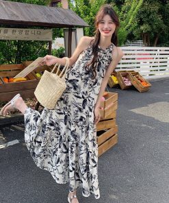 Watercolor Print Halter Neck Dress for Women, 2025 Summer French High-End Style, Flattering Beach Vacation Dress, Trendy Summer Fashion