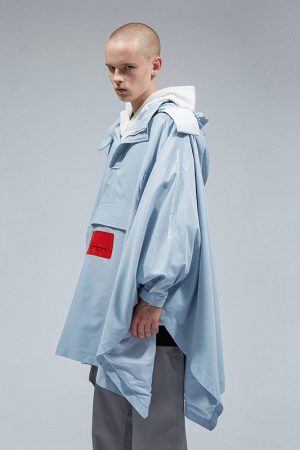 Waterproof Cape with Detachable Hood in Roaring Beast Print - Water Blue, Trendy Outerwear for 90s Inspired Style