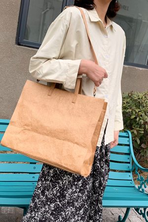 Waterproof Kraft Paper Tote Bag for Women, Versatile Large Document Bag with Wide Strap, Ideal for Students and Everyday Use