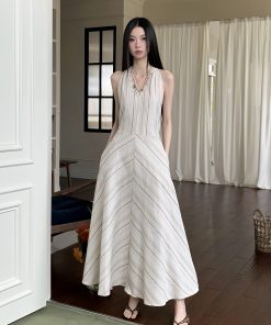 Wave Striped Spaghetti Strap Dress for Women - Loose Long Summer Dress with Unique Design - 90s Inspired Fashion