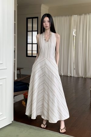 Wave Striped Spaghetti Strap Dress for Women - Loose Long Summer Dress with Unique Design - 90s Inspired Fashion