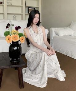 Wave Striped Spaghetti Strap Dress for Women - Loose Long Summer Dress with Unique Design - 90s Inspired Fashion