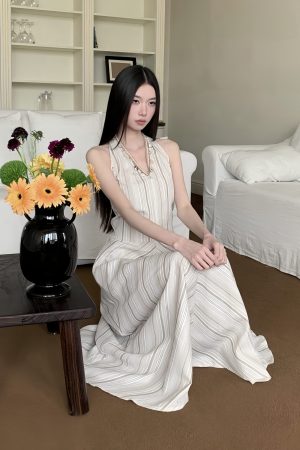 Wave Striped Spaghetti Strap Dress for Women - Loose Long Summer Dress with Unique Design - 90s Inspired Fashion