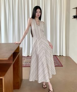 Wave Striped Spaghetti Strap Dress for Women - Loose Long Summer Dress with Unique Design - 90s Inspired Fashion