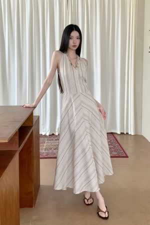 Wave Striped Spaghetti Strap Dress for Women - Loose Long Summer Dress with Unique Design - 90s Inspired Fashion