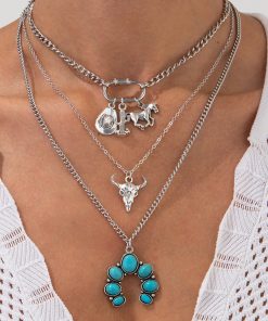 Western Style Horse Hoof Micro-Inlaid Necklace Set, Punk Bull Head Pendant, Denim Jewelry for Women, European American Fashion