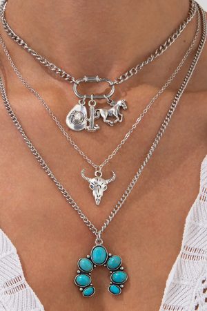 Western Style Horse Hoof Micro-Inlaid Necklace Set, Punk Bull Head Pendant, Denim Jewelry for Women, European American Fashion