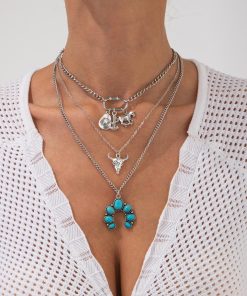 Western Style Horse Hoof Micro-Inlaid Necklace Set, Punk Bull Head Pendant, Denim Jewelry for Women, European American Fashion