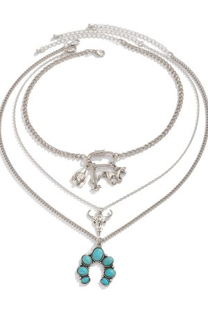 Western Style Horse Hoof Micro-Inlaid Necklace Set, Punk Bull Head Pendant, Denim Jewelry for Women, European American Fashion