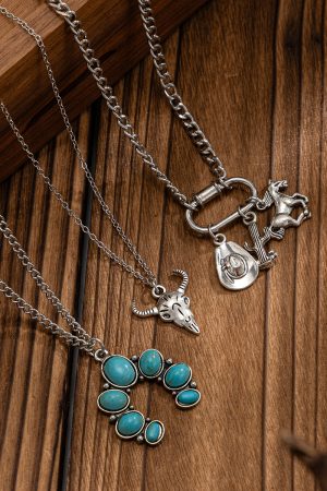 Western Style Horse Hoof Micro-Inlaid Necklace Set, Punk Bull Head Pendant, Denim Jewelry for Women, European American Fashion