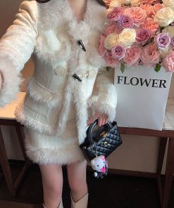 White Boucle Woolen Coat and Short Skirt Two-Piece Set for Women - Chic Layered Look, Perfect for Fall and Winter Fashion