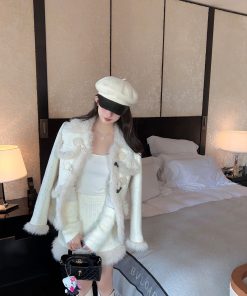 White Boucle Woolen Coat and Short Skirt Two-Piece Set for Women - Chic Layered Look, Perfect for Fall and Winter Fashion