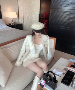 White Boucle Woolen Coat and Short Skirt Two-Piece Set for Women - Chic Layered Look, Perfect for Fall and Winter Fashion