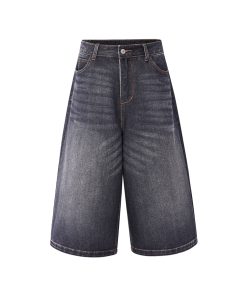 White Denim Cropped Jorts for Summer - Loose Fit Vintage Style with Cat Whiskers Design - Trendy American Casual Fashion