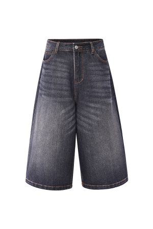 White Denim Cropped Jorts for Summer - Loose Fit Vintage Style with Cat Whiskers Design - Trendy American Casual Fashion