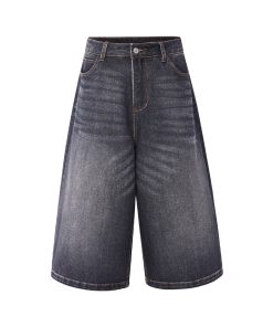 White Denim Cropped Jorts for Summer - Loose Fit Vintage Style with Cat Whiskers Design - Trendy American Casual Fashion