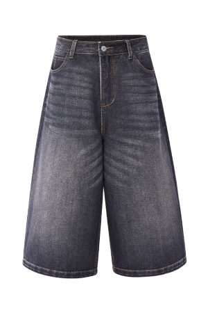 White Denim Cropped Jorts for Summer - Loose Fit Vintage Style with Cat Whiskers Design - Trendy American Casual Fashion