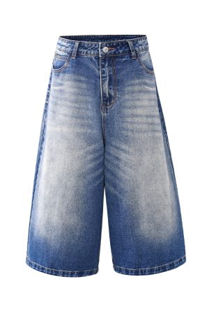 White Denim Cropped Jorts for Summer - Loose Fit Vintage Style with Cat Whiskers Design - Trendy American Casual Fashion