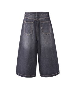 White Denim Cropped Jorts for Summer - Loose Fit Vintage Style with Cat Whiskers Design - Trendy American Casual Fashion