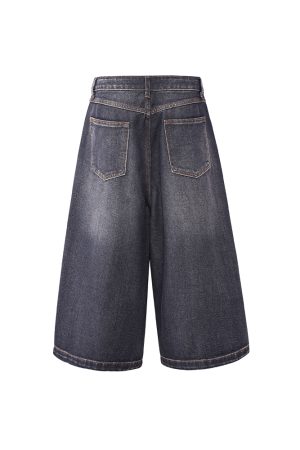 White Denim Cropped Jorts for Summer - Loose Fit Vintage Style with Cat Whiskers Design - Trendy American Casual Fashion