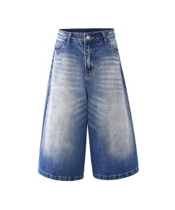 White Denim Cropped Jorts for Summer - Loose Fit Vintage Style with Cat Whiskers Design - Trendy American Casual Fashion