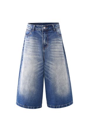 White Denim Cropped Jorts for Summer - Loose Fit Vintage Style with Cat Whiskers Design - Trendy American Casual Fashion