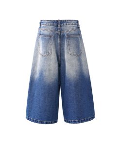 White Denim Cropped Jorts for Summer - Loose Fit Vintage Style with Cat Whiskers Design - Trendy American Casual Fashion