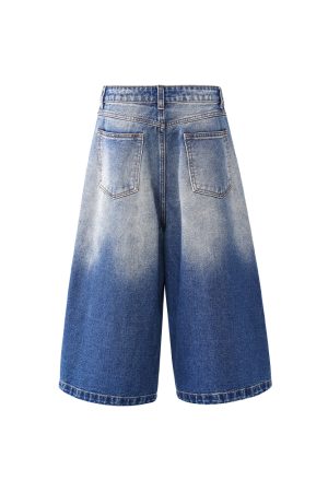 White Denim Cropped Jorts for Summer - Loose Fit Vintage Style with Cat Whiskers Design - Trendy American Casual Fashion