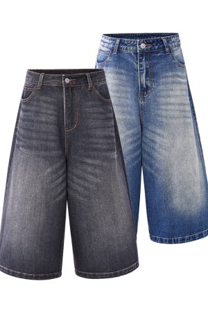 White Denim Cropped Jorts for Summer - Loose Fit Vintage Style with Cat Whiskers Design - Trendy American Casual Fashion