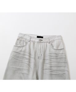 White Denim Distressed Wide-Leg Jeans with Pleats, Cat Whiskers, and Scratches - Trendy Baggy Style for Y2K Fashion Lovers