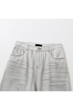 White Denim Distressed Wide-Leg Jeans with Pleats, Cat Whiskers, and Scratches - Trendy Baggy Style for Y2K Fashion Lovers