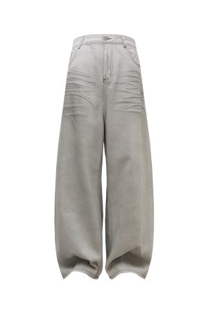 White Denim Distressed Wide-Leg Jeans with Pleats, Cat Whiskers, and Scratches - Trendy Baggy Style for Y2K Fashion Lovers