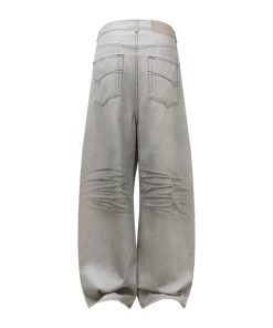 White Denim Distressed Wide-Leg Jeans with Pleats, Cat Whiskers, and Scratches - Trendy Baggy Style for Y2K Fashion Lovers