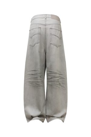 White Denim Distressed Wide-Leg Jeans with Pleats, Cat Whiskers, and Scratches - Trendy Baggy Style for Y2K Fashion Lovers