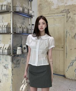 White Doll Collar Drawstring Waist Shirt for Women - Summer Slim Fit Short Sleeve Cropped Top, Trendy Y2K Style