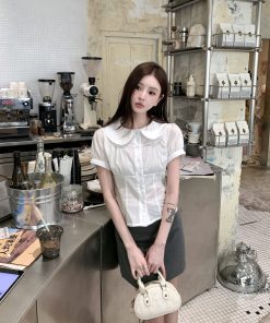 White Doll Collar Drawstring Waist Shirt for Women - Summer Slim Fit Short Sleeve Cropped Top, Trendy Y2K Style