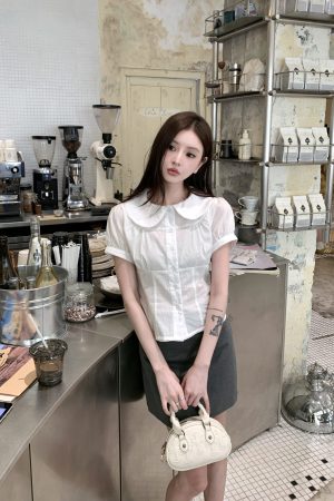 White Doll Collar Drawstring Waist Shirt for Women - Summer Slim Fit Short Sleeve Cropped Top, Trendy Y2K Style