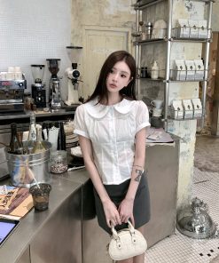 White Doll Collar Drawstring Waist Shirt for Women - Summer Slim Fit Short Sleeve Cropped Top, Trendy Y2K Style