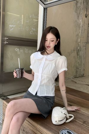 White Doll Collar Drawstring Waist Shirt for Women - Summer Slim Fit Short Sleeve Cropped Top, Trendy Y2K Style