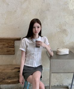 White Doll Collar Drawstring Waist Shirt for Women - Summer Slim Fit Short Sleeve Cropped Top, Trendy Y2K Style