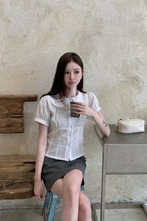 White Doll Collar Drawstring Waist Shirt for Women - Summer Slim Fit Short Sleeve Cropped Top, Trendy Y2K Style
