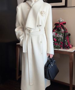 White Double-Sided Wool Cashmere Long Coat with Scarf for Women - Elegant Winter Outerwear, Chic Style, Warm and Cozy